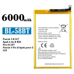 Bateria BL-58BT para Tecno Pouvoir 4 / Pouvoir 4 Pro/ Spark 6 Air / Spark power 2